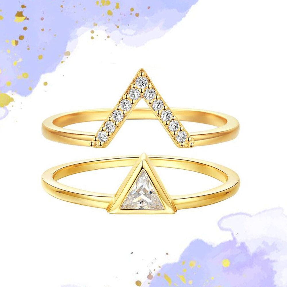 Dainty Geometric Triangle Gold Ring Set, 925 Sterling Silver, 10k gold plating